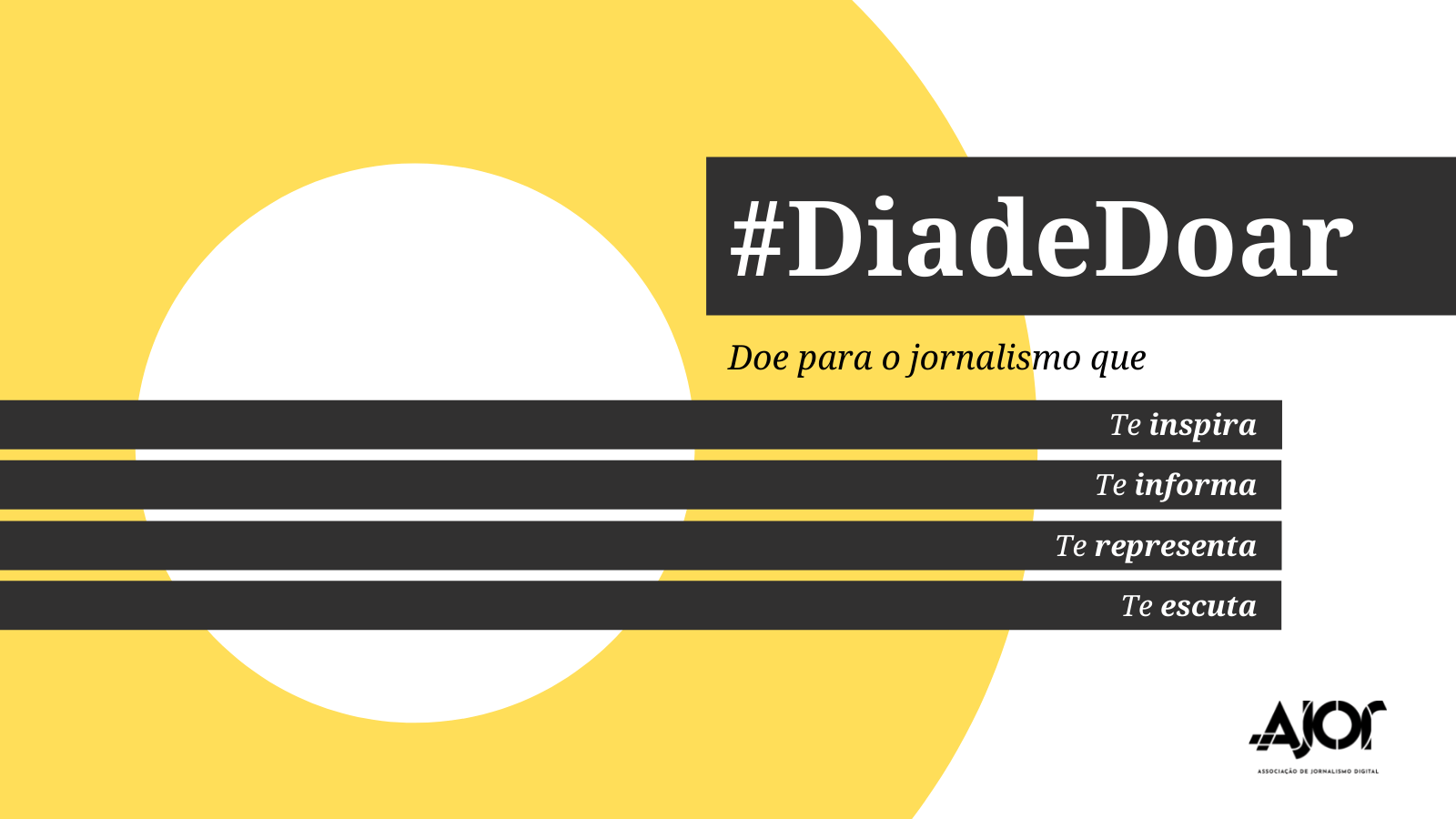 Banner da campanha #DiaDeDoar com o texto "Doe para o jornalismo que te inspira, te informa, te representa, te escuta"